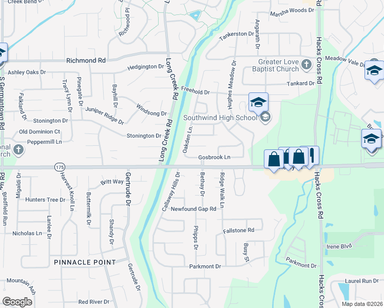 map of restaurants, bars, coffee shops, grocery stores, and more near 4620 Oakden Lane in Memphis