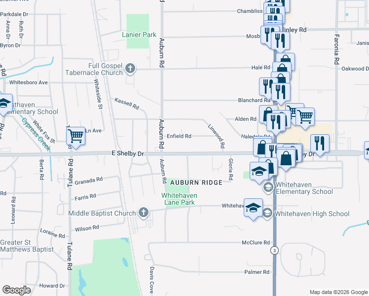 map of restaurants, bars, coffee shops, grocery stores, and more near 925 Enfield Road in Memphis