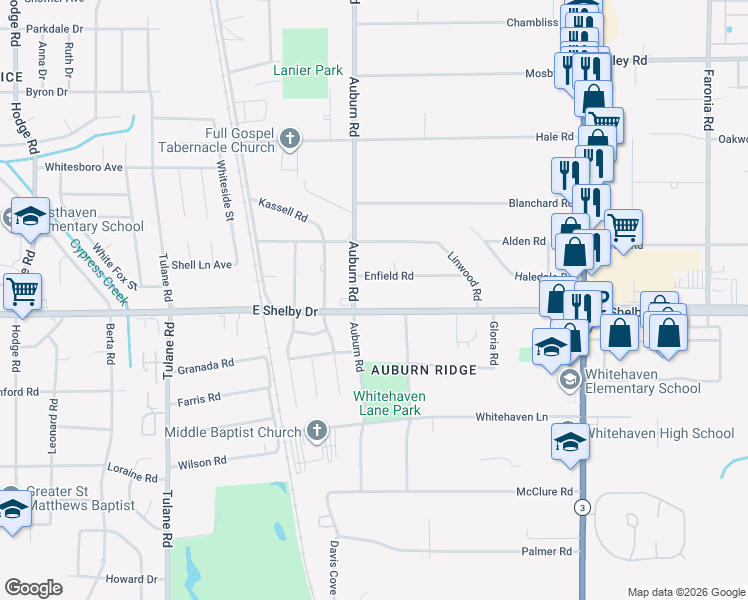 map of restaurants, bars, coffee shops, grocery stores, and more near 885 Enfield Road in Memphis