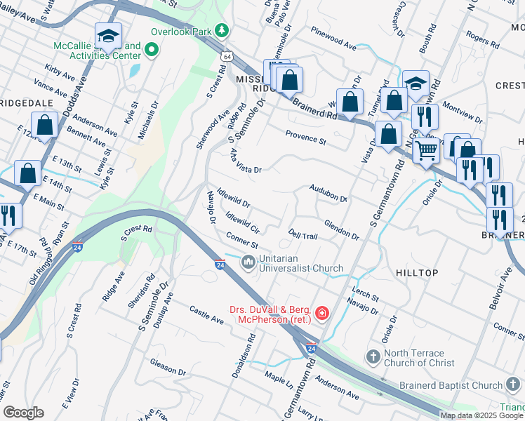 map of restaurants, bars, coffee shops, grocery stores, and more near 3281 Idlewild Drive in Chattanooga