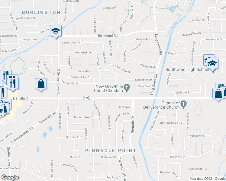 map of restaurants, bars, coffee shops, grocery stores, and more near 7468 Southwind Cove in Memphis