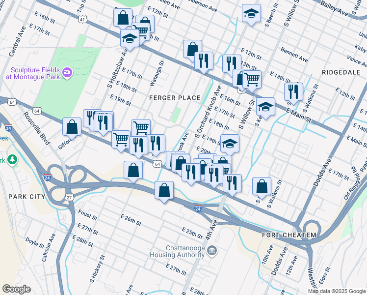 map of restaurants, bars, coffee shops, grocery stores, and more near 1916 Lynnbrook Avenue in Chattanooga