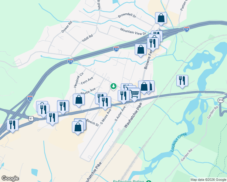 map of restaurants, bars, coffee shops, grocery stores, and more near 3202 Kellys Ferry Road in Chattanooga
