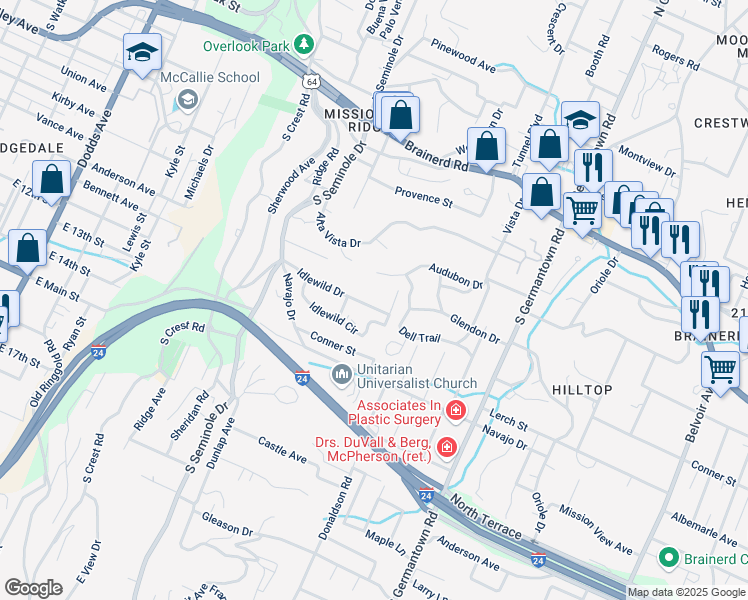 map of restaurants, bars, coffee shops, grocery stores, and more near 3359 Idlewild Drive in Chattanooga