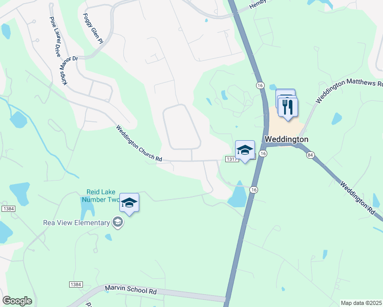 map of restaurants, bars, coffee shops, grocery stores, and more near Highgate Drive in Weddington