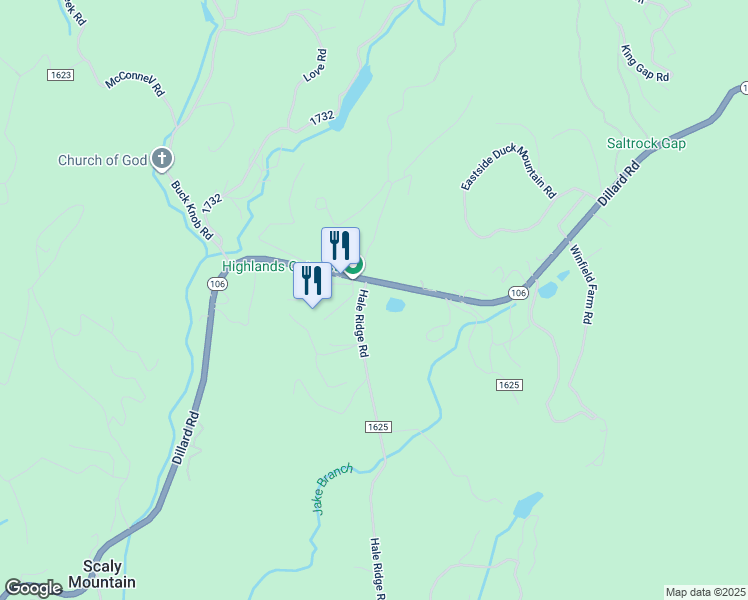 map of restaurants, bars, coffee shops, grocery stores, and more near 7321 Dillard Road in Scaly Mountain