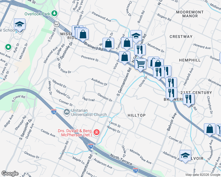 map of restaurants, bars, coffee shops, grocery stores, and more near 100 Vista Drive in Chattanooga