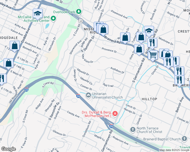 map of restaurants, bars, coffee shops, grocery stores, and more near 3281 Idlewild Drive in Chattanooga
