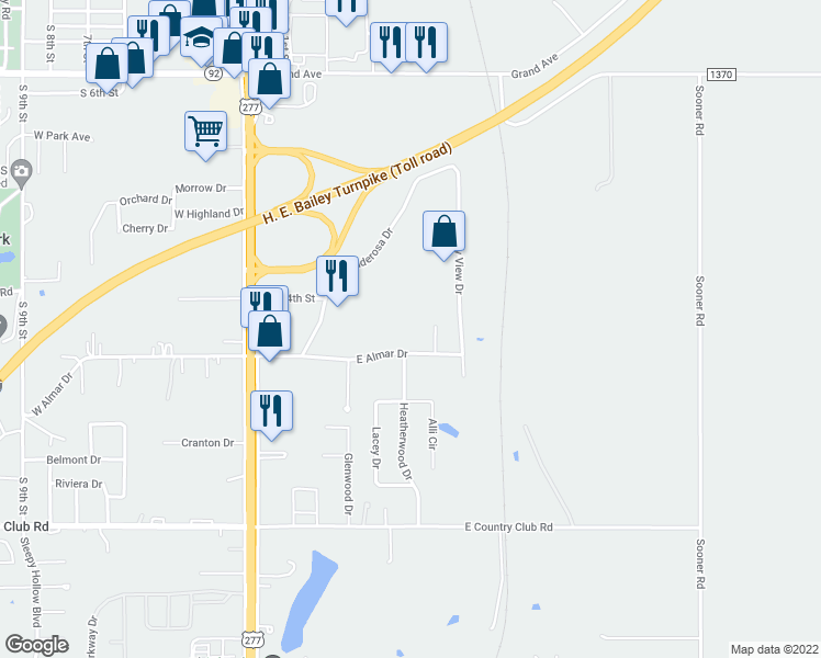 map of restaurants, bars, coffee shops, grocery stores, and more near 201 East Almar Drive in Chickasha
