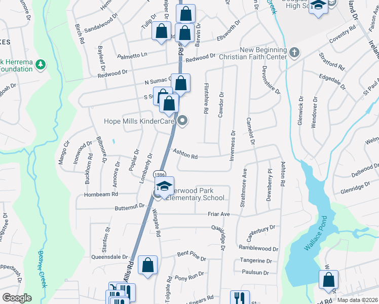 map of restaurants, bars, coffee shops, grocery stores, and more near 5099 Lakehurst Drive in Fayetteville