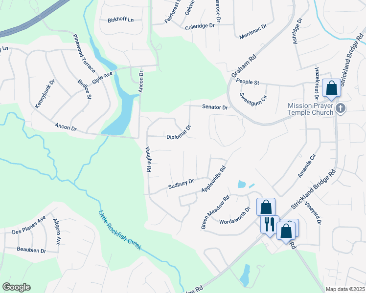 map of restaurants, bars, coffee shops, grocery stores, and more near 6754 Longparrish Court in Fayetteville