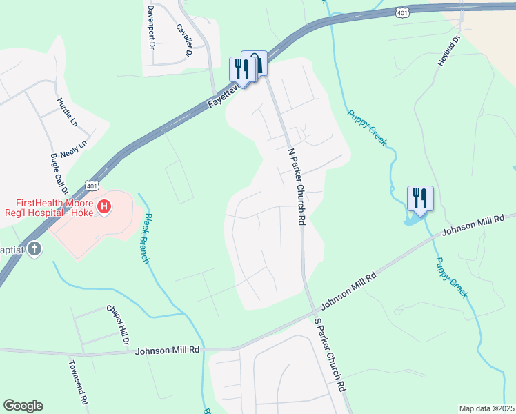 map of restaurants, bars, coffee shops, grocery stores, and more near 208 Truman Drive in Raeford