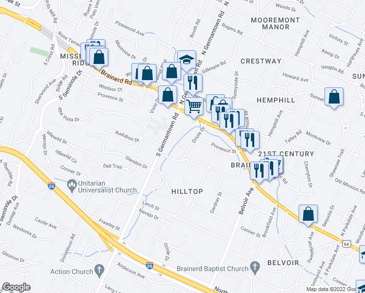 map of restaurants, bars, coffee shops, grocery stores, and more near 99 Aim Way in Chattanooga
