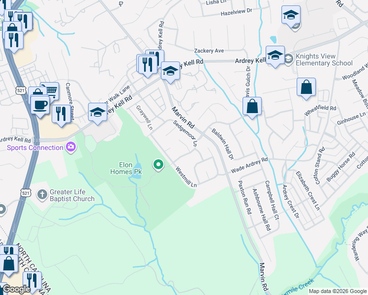map of restaurants, bars, coffee shops, grocery stores, and more near 17211 Overstone Court in Charlotte