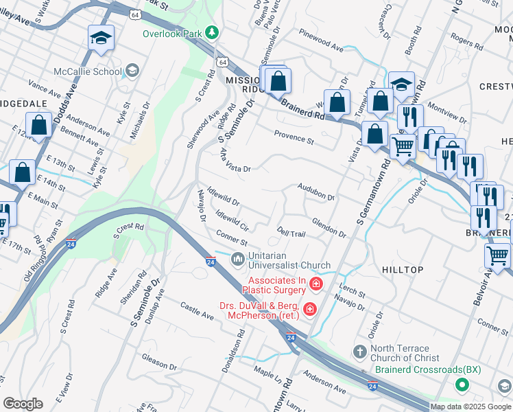map of restaurants, bars, coffee shops, grocery stores, and more near 3325 Idlewild Drive in Chattanooga