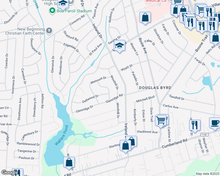map of restaurants, bars, coffee shops, grocery stores, and more near 1928 Westhill Drive in Fayetteville