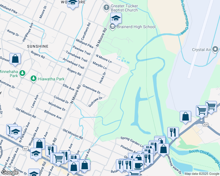 map of restaurants, bars, coffee shops, grocery stores, and more near 5048 Cameron Lane in Chattanooga