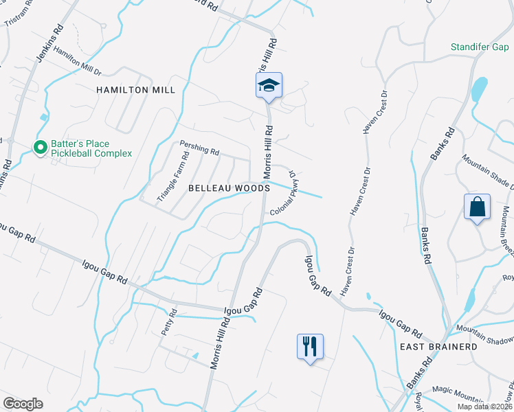map of restaurants, bars, coffee shops, grocery stores, and more near 2104 Morris Hill Road in Chattanooga