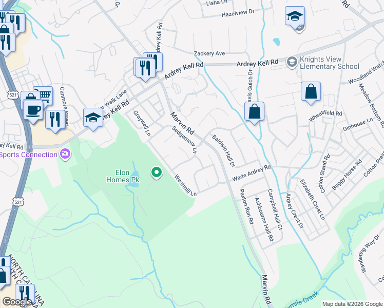 map of restaurants, bars, coffee shops, grocery stores, and more near 10909 Sedgemoor Lane in Charlotte