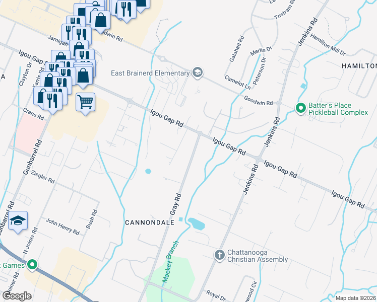 map of restaurants, bars, coffee shops, grocery stores, and more near 1823 Gray Road in Chattanooga