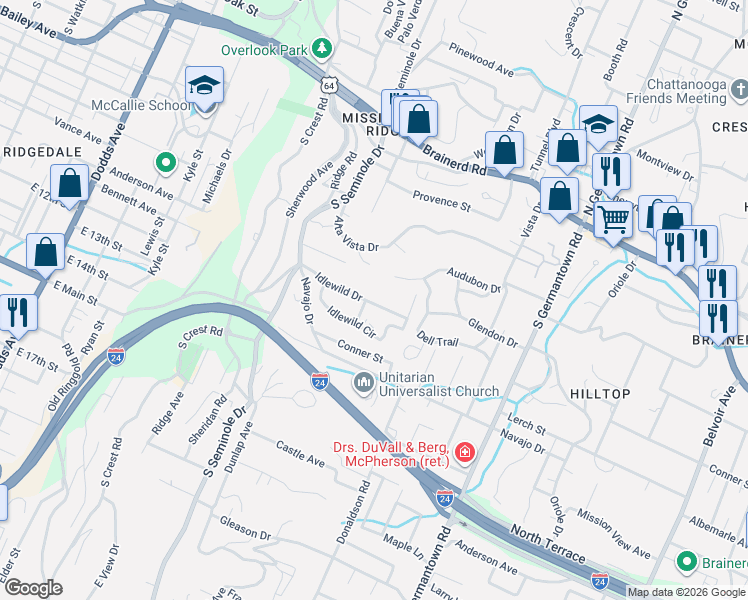 map of restaurants, bars, coffee shops, grocery stores, and more near 3325 Idlewild Drive in Chattanooga