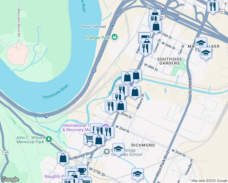 map of restaurants, bars, coffee shops, grocery stores, and more near 1468 Sinclair Avenue in Chattanooga