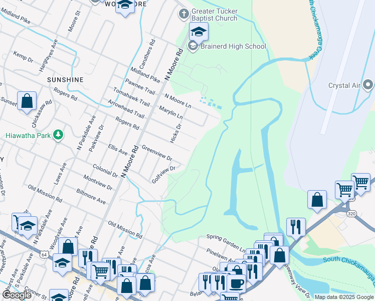 map of restaurants, bars, coffee shops, grocery stores, and more near 5015 Cameron Lane in Chattanooga