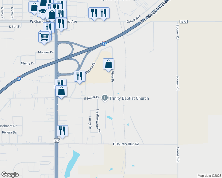map of restaurants, bars, coffee shops, grocery stores, and more near 2800 Valley View Drive in Chickasha