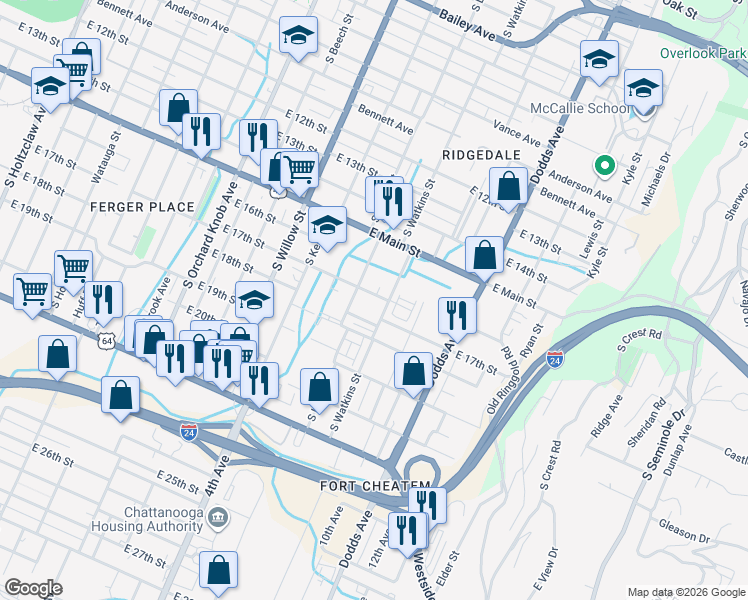 map of restaurants, bars, coffee shops, grocery stores, and more near 1605 South Watkins Street in Chattanooga
