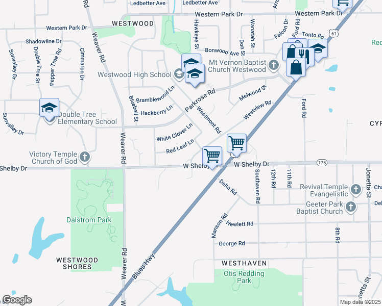 map of restaurants, bars, coffee shops, grocery stores, and more near 796 Westview Lane in Memphis