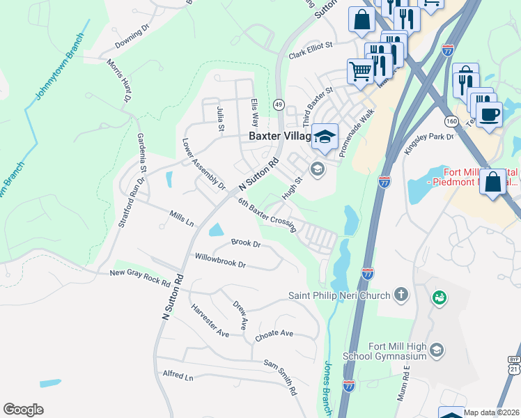 map of restaurants, bars, coffee shops, grocery stores, and more near 522 6th Baxter Crossing in Fort Mill