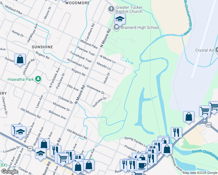 map of restaurants, bars, coffee shops, grocery stores, and more near 5007 Cameron Lane in Chattanooga