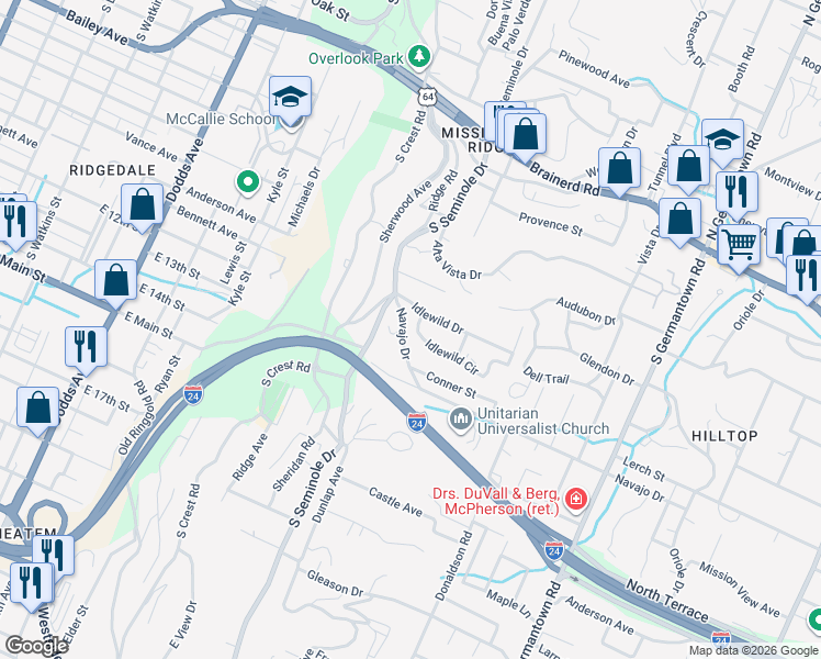 map of restaurants, bars, coffee shops, grocery stores, and more near 3100 Navajo Drive in Chattanooga