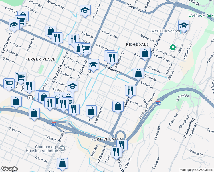 map of restaurants, bars, coffee shops, grocery stores, and more near 1605 South Watkins Street in Chattanooga