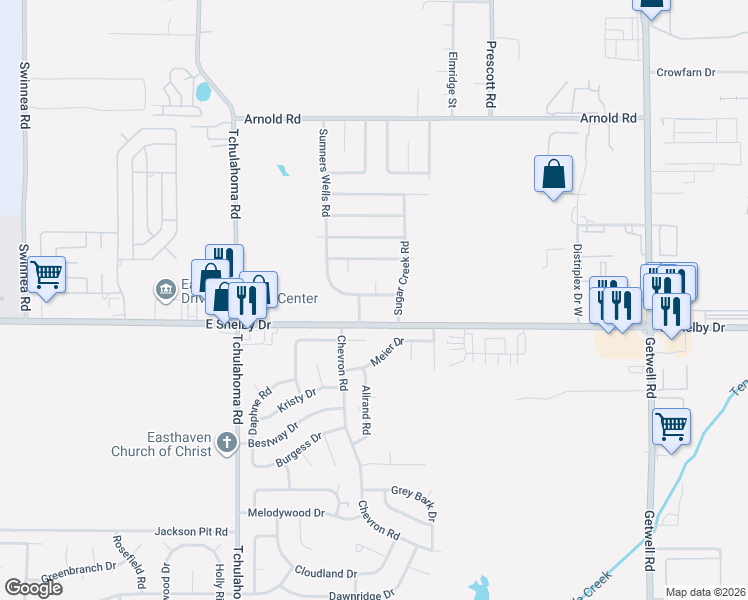 map of restaurants, bars, coffee shops, grocery stores, and more near 3448 Birdsong Ferry Road in Memphis
