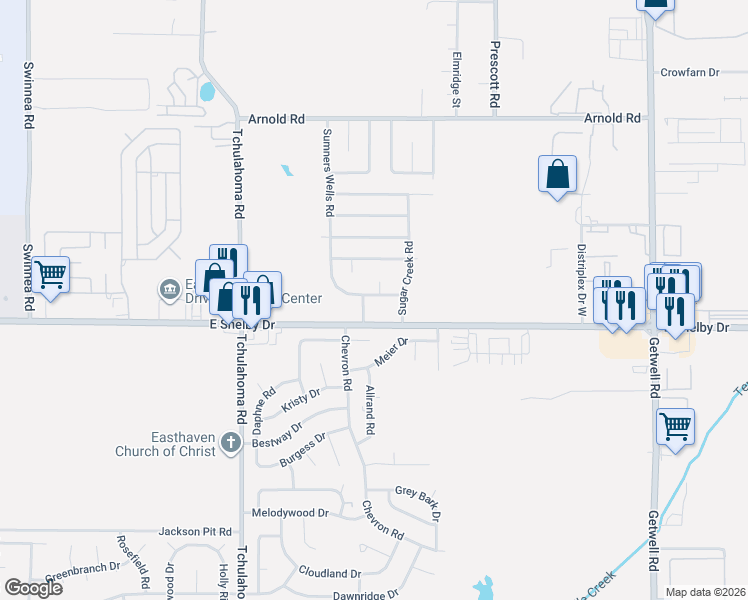 map of restaurants, bars, coffee shops, grocery stores, and more near 3448 Birdsong Ferry Road in Memphis