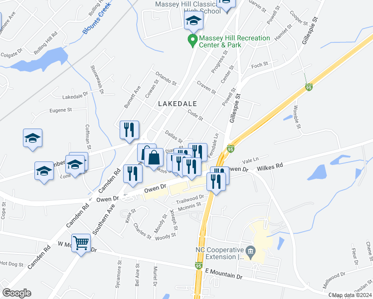 map of restaurants, bars, coffee shops, grocery stores, and more near 216 Dallas Street in Fayetteville