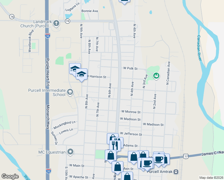 map of restaurants, bars, coffee shops, grocery stores, and more near 800 North 6th Avenue in Purcell