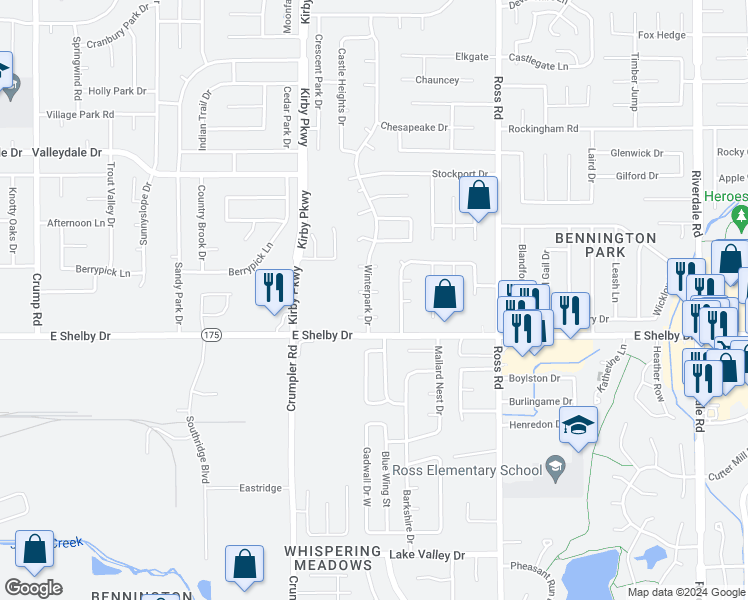 map of restaurants, bars, coffee shops, grocery stores, and more near 4644 Winterpark Drive in Memphis