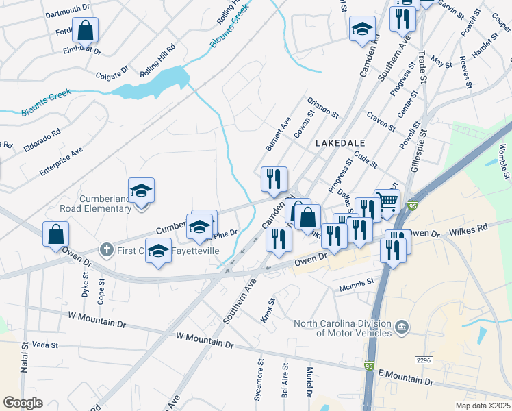 map of restaurants, bars, coffee shops, grocery stores, and more near 2353F Cumberland Creek Drive in Fayetteville