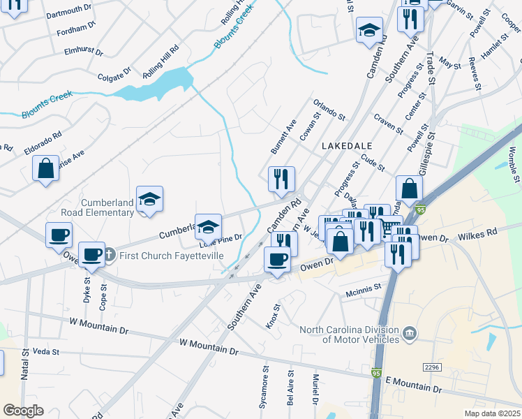 map of restaurants, bars, coffee shops, grocery stores, and more near 2355 Cumberland Creek Drive in Fayetteville