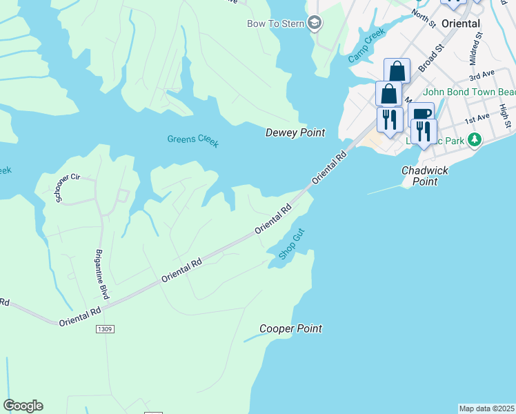 map of restaurants, bars, coffee shops, grocery stores, and more near 108 Goodwind Drive in Oriental