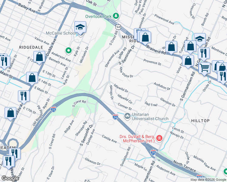 map of restaurants, bars, coffee shops, grocery stores, and more near 3100 Navajo Drive in Chattanooga