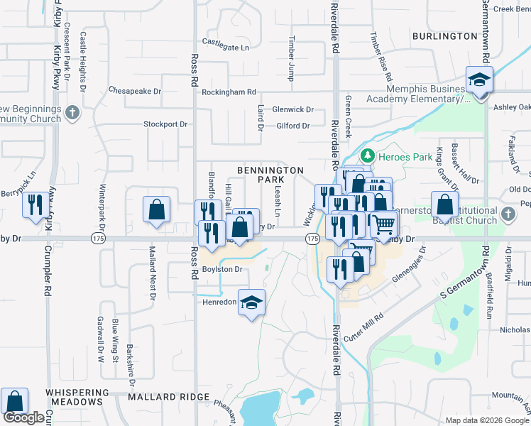 map of restaurants, bars, coffee shops, grocery stores, and more near 4621 Leash Lane in Memphis