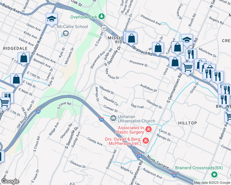 map of restaurants, bars, coffee shops, grocery stores, and more near 3281 Idlewild Drive in Chattanooga