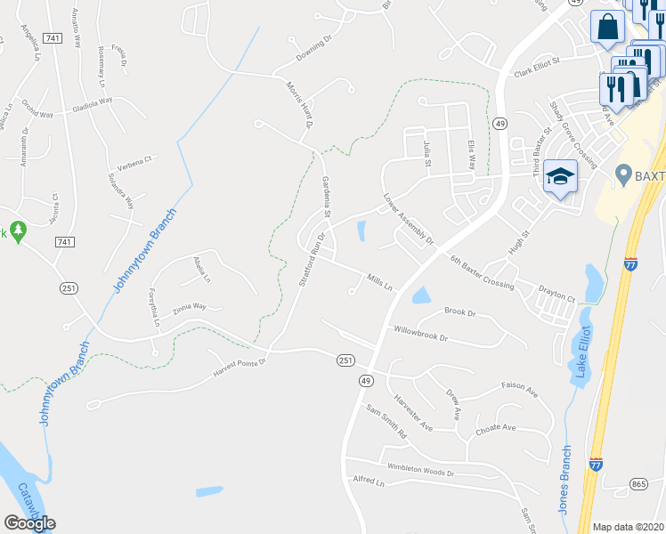 map of restaurants, bars, coffee shops, grocery stores, and more near 161 Mills Lane in Fort Mill