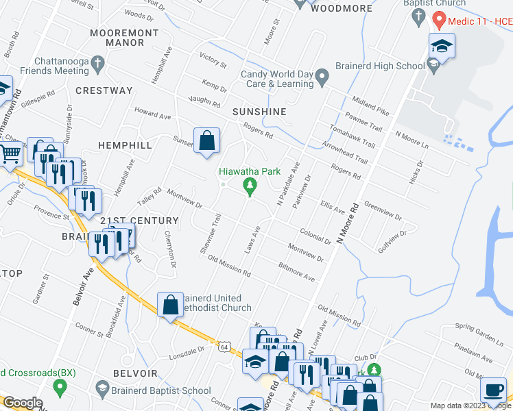 map of restaurants, bars, coffee shops, grocery stores, and more near 219 Chickasaw Road in Chattanooga