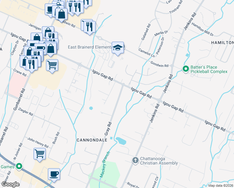 map of restaurants, bars, coffee shops, grocery stores, and more near 1823 Gray Road in Chattanooga