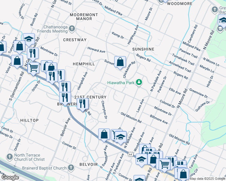 map of restaurants, bars, coffee shops, grocery stores, and more near 206 Gillespie Terrace in Chattanooga