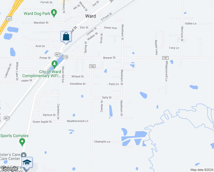 map of restaurants, bars, coffee shops, grocery stores, and more near 160 Sally Street in Ward